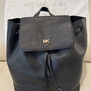 Michael Kors Black Pebbled Drawstring Backpack with MK Hardware